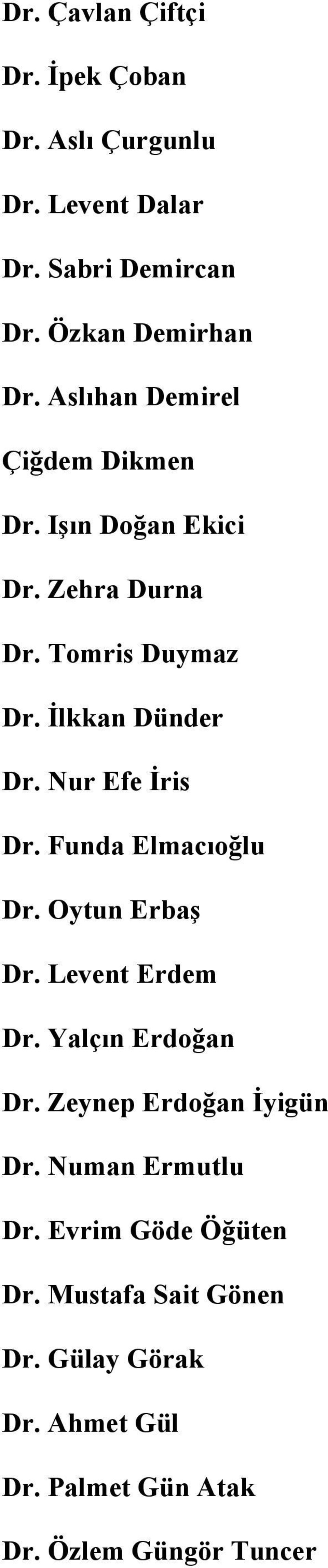 Nur Efe İris Dr. Funda Elmacıoğlu Dr. Oytun Erbaş Dr. Levent Erdem Dr. Yalçın Erdoğan Dr. Zeynep Erdoğan İyigün Dr.