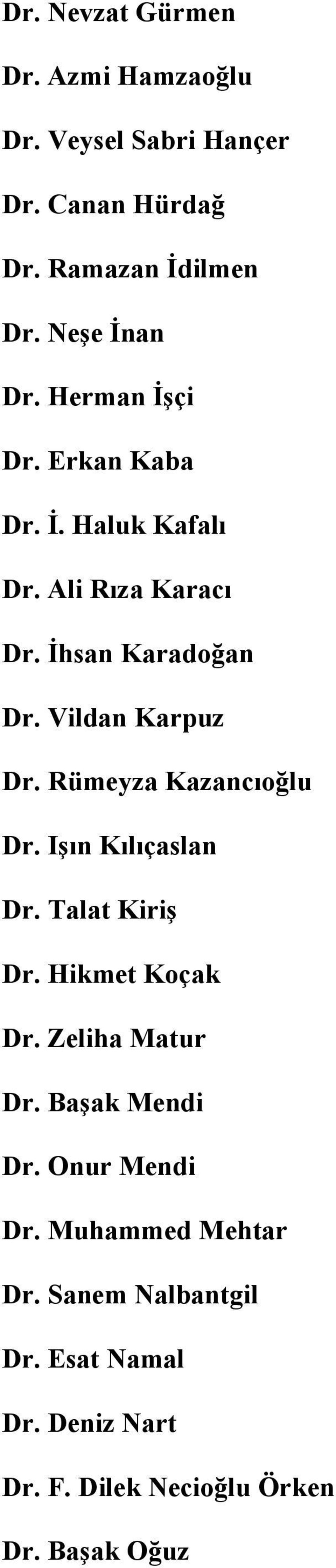 Rümeyza Kazancıoğlu Dr. Işın Kılıçaslan Dr. Talat Kiriş Dr. Hikmet Koçak Dr. Zeliha Matur Dr. Başak Mendi Dr.
