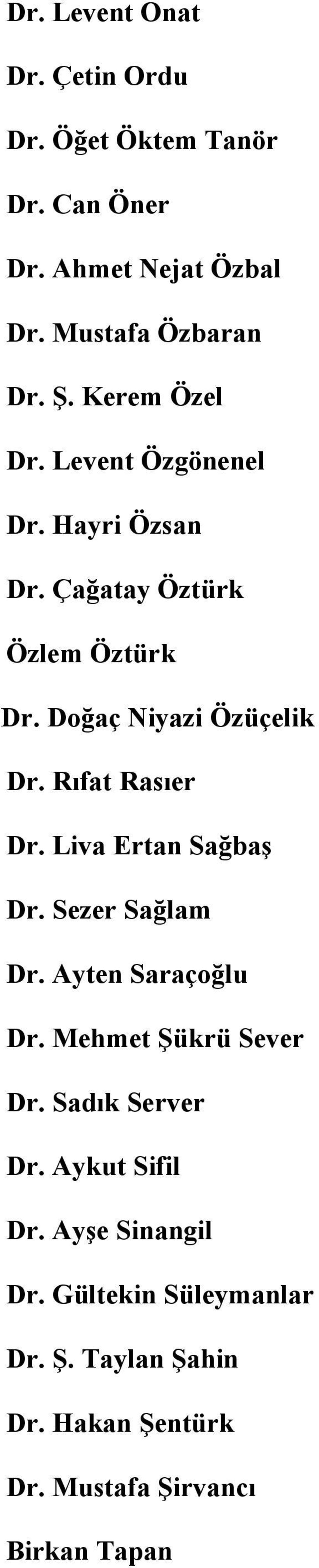 Rıfat Rasıer Dr. Liva Ertan Sağbaş Dr. Sezer Sağlam Dr. Ayten Saraçoğlu Dr. Mehmet Şükrü Sever Dr. Sadık Server Dr.