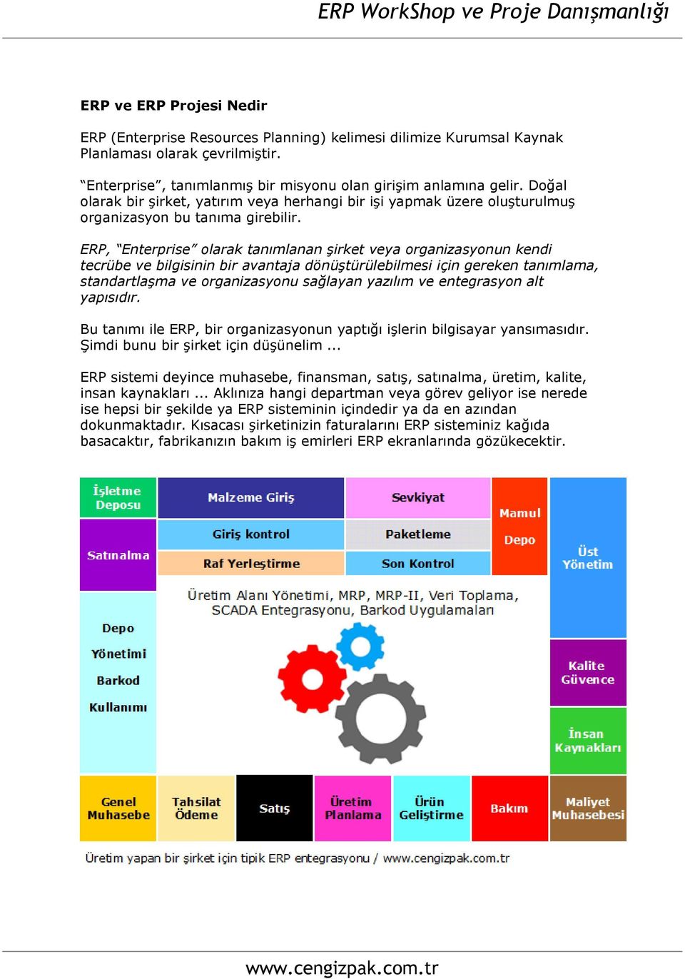 ERP, Enterprise olarak tanımlanan şirket veya organizasyonun kendi tecrübe ve bilgisinin bir avantaja dönüştürülebilmesi için gereken tanımlama, standartlaşma ve organizasyonu sağlayan yazılım ve