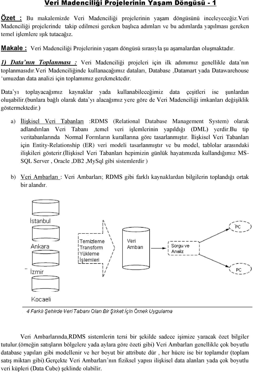 Makale : Veri Madenciliği Projelerinin yaşam döngüsü sırasıyla şu aşamalardan oluşmaktadır. 1) Data nın Toplanması : Veri Madenciliği projeleri için ilk adımımız genellikle data nın toplanmasıdır.