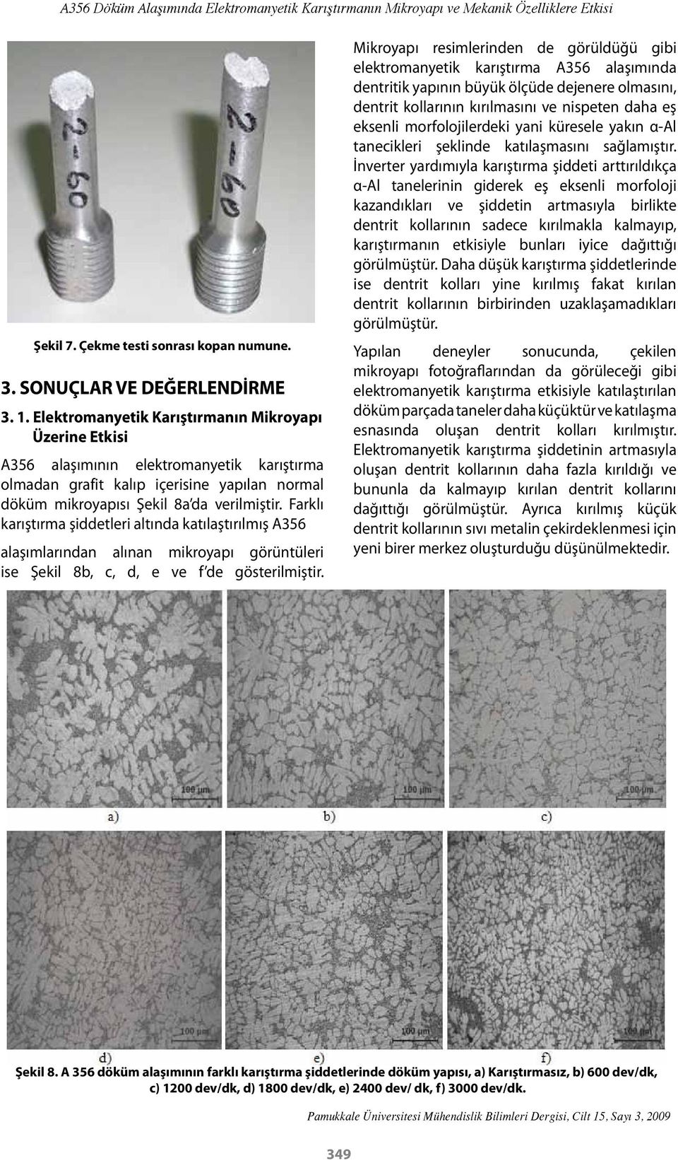 Farklı karıştırma şiddetleri altında katılaştırılmış A356 alaşımlarından alınan mikroyapı görüntüleri ise Şekil 8b, c, d, e ve f de gösterilmiştir.