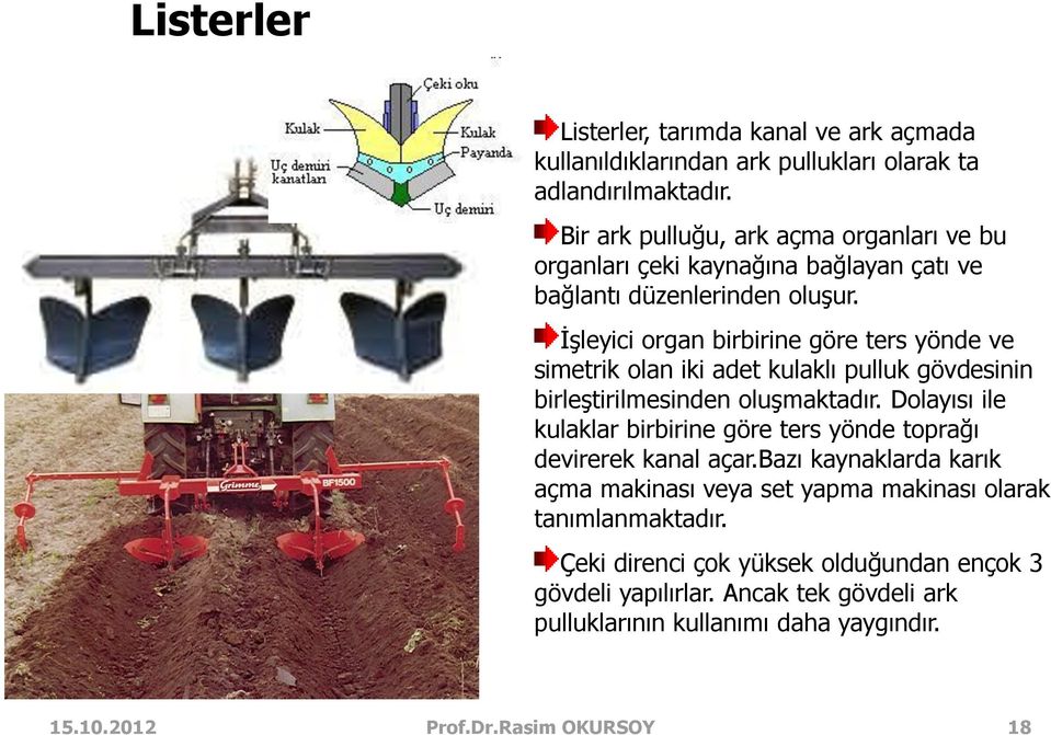 İşleyici organ birbirine göre ters yönde ve simetrik olan iki adet kulaklı pulluk gövdesinin birleştirilmesinden oluşmaktadır.