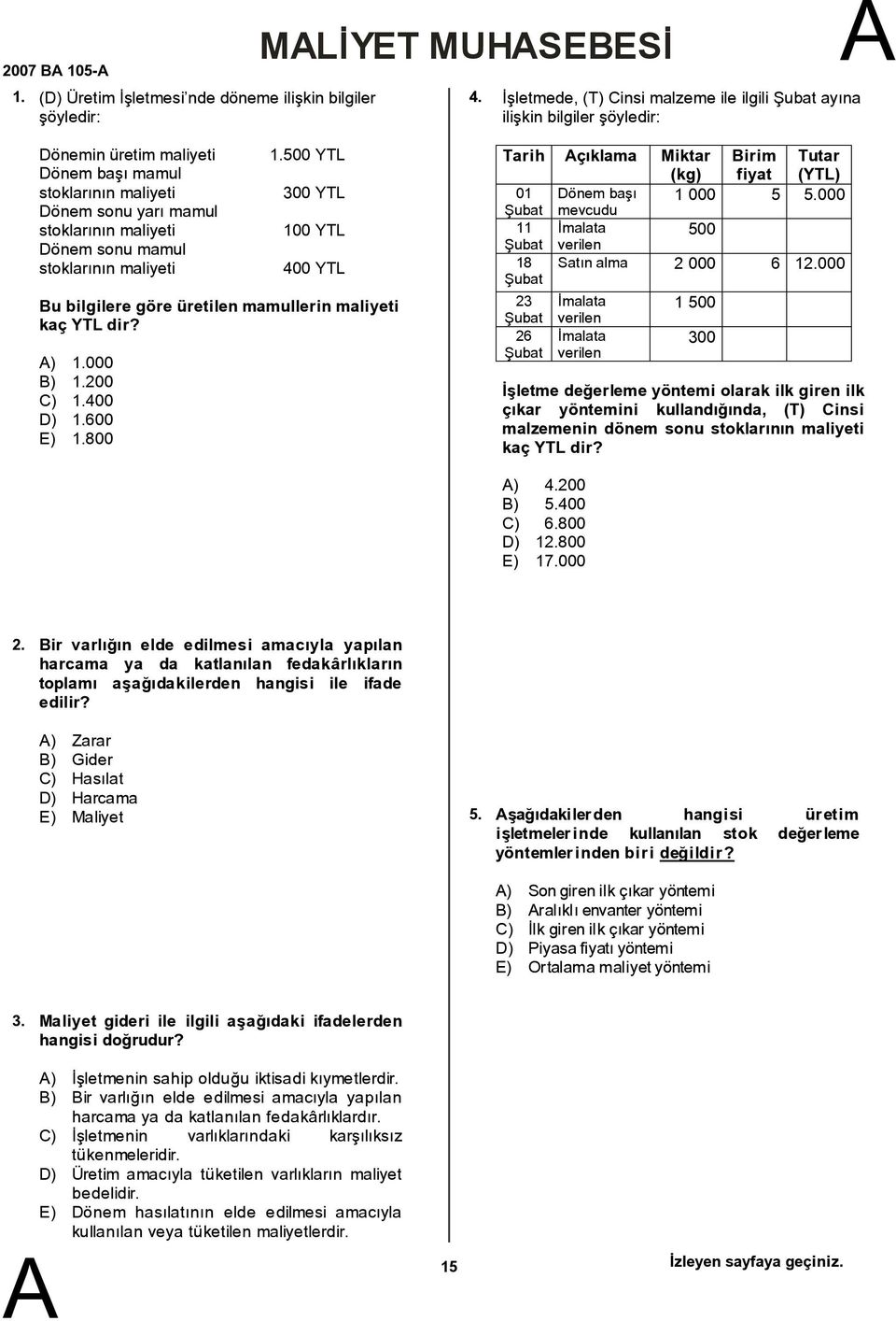 mamul stoklarının maliyeti 1.500 YTL 300 YTL 100 YTL 400 YTL Bu bilgilere göre üretilen mamullerin maliyeti kaç YTL dir? ) 1.000 B) 1.200 C) 1.400 D) 1.600 E) 1.