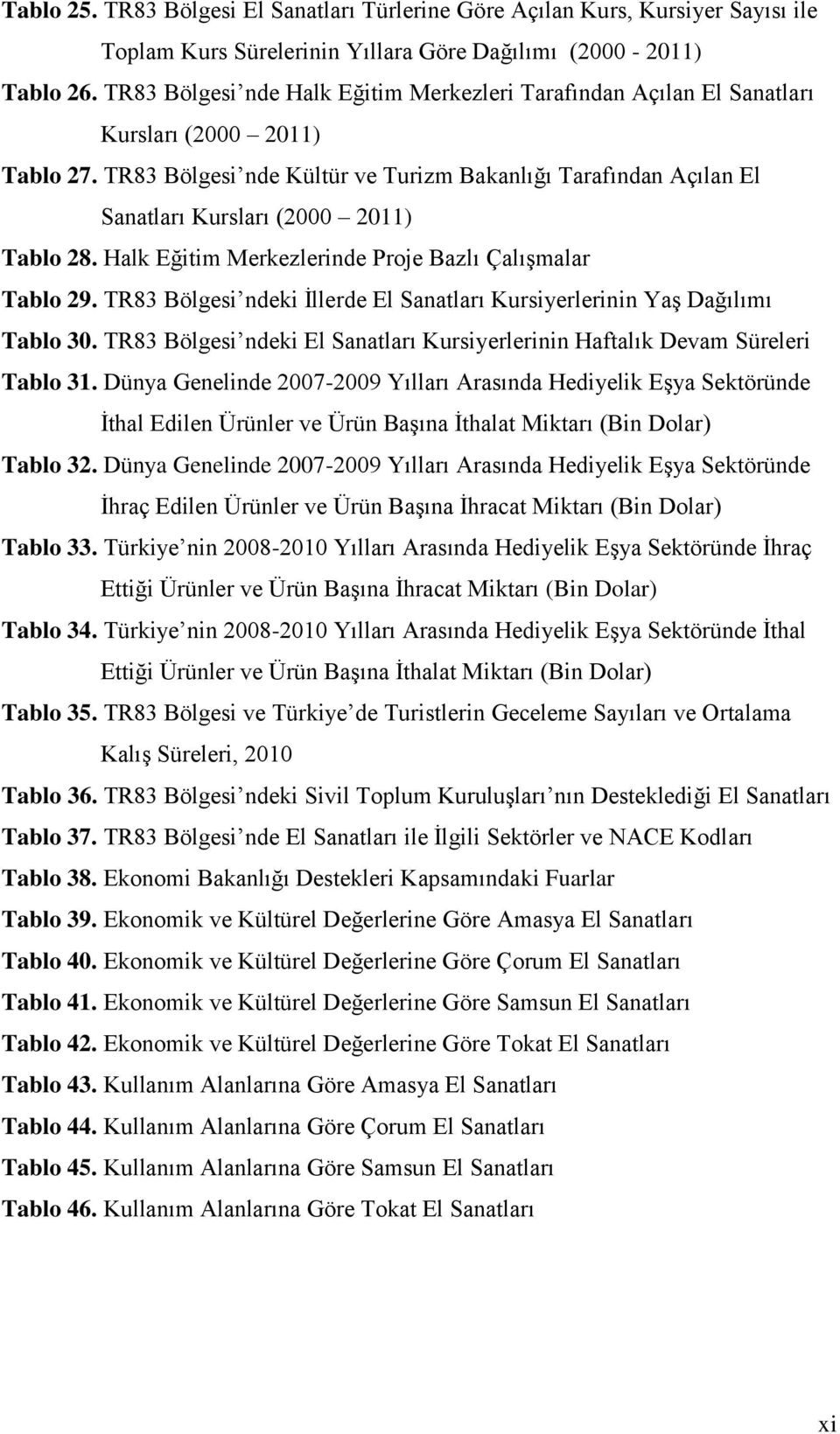 TR83 Bölgesi nde Kültür ve Turizm Bakanlığı Tarafından Açılan El Sanatları Kursları (2000 2011) Tablo 28. Halk Eğitim Merkezlerinde Proje Bazlı ÇalıĢmalar Tablo 29.