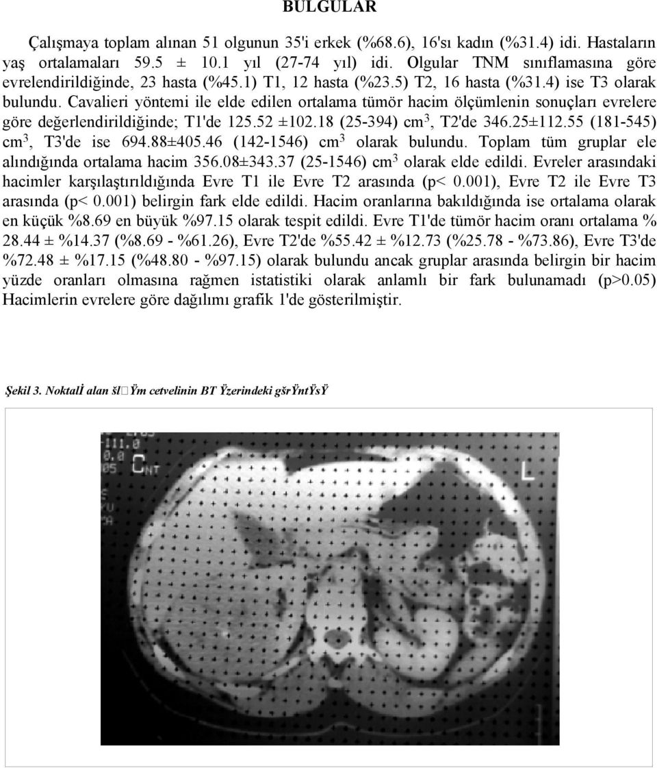 Cavalieri yöntemi ile elde edilen ortalama tümör hacim ölçümlenin sonuçları evrelere göre değerlendirildiğinde; T1'de 125.52 ±102.18 (25-394) cm 3, T2'de 346.25±112.55 (181-545) cm 3, T3'de ise 694.