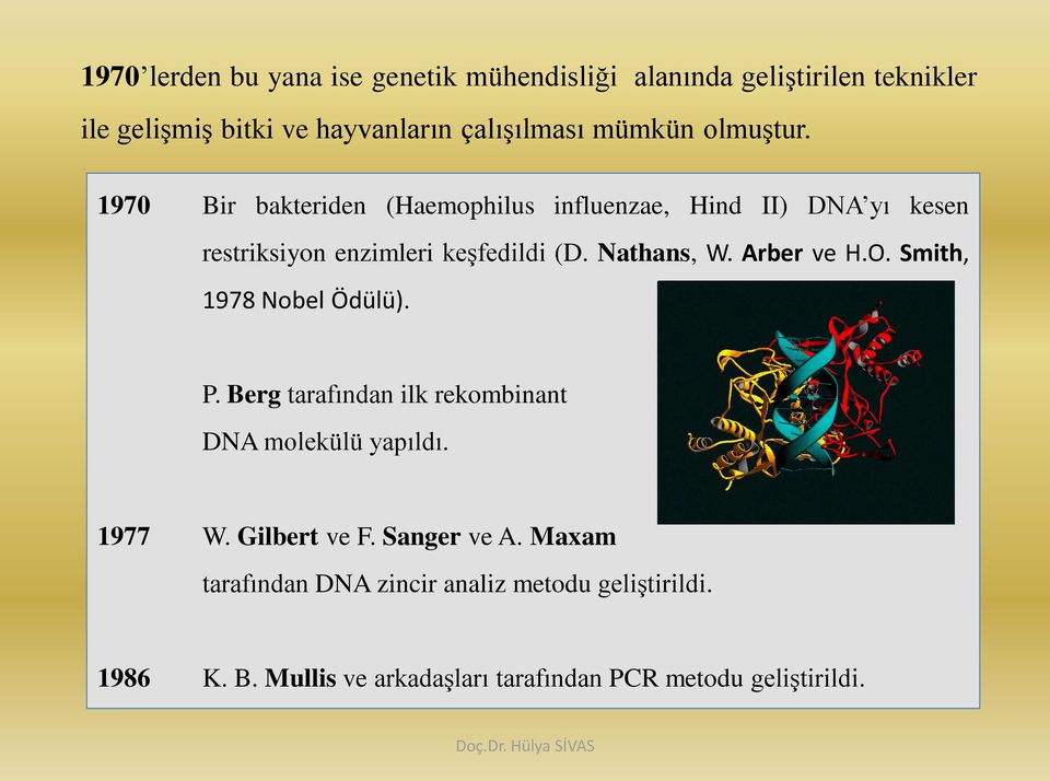 Nathans, W. Arber ve H.O. Smith, 1978 Nobel Ödülü). P. Berg tarafından ilk rekombinant DNA molekülü yapıldı. 1977 W.