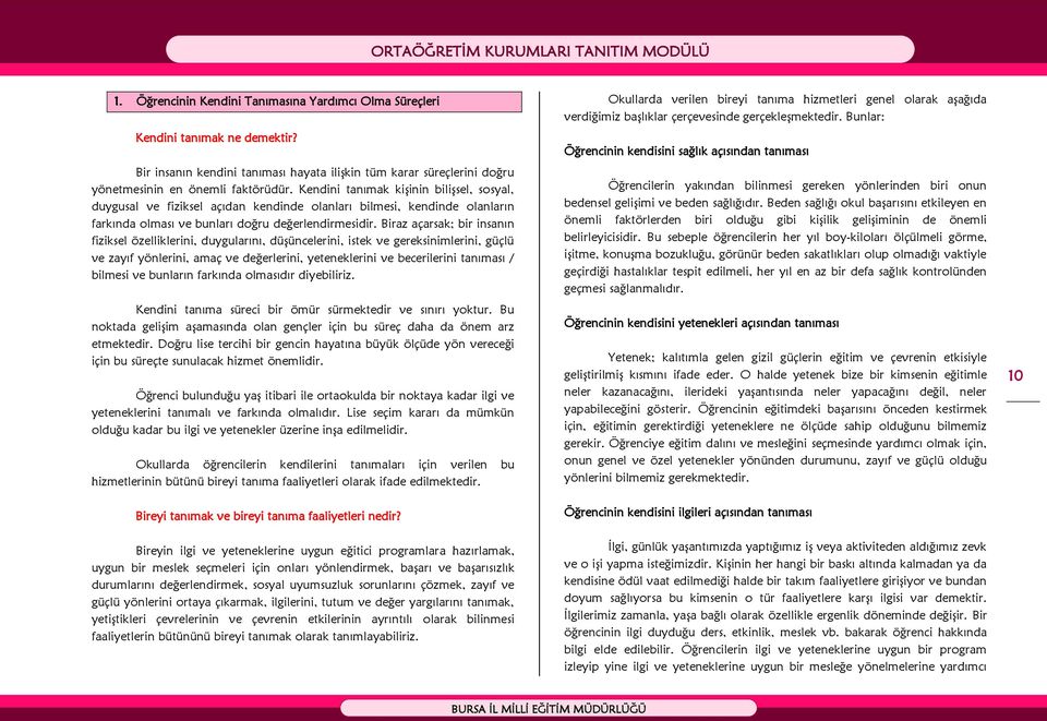 Biraz açarsak; bir insanın fiziksel özelliklerini, duygularını, düşüncelerini, istek ve gereksinimlerini, güçlü ve zayıf yönlerini, amaç ve değerlerini, yeteneklerini ve becerilerini tanıması /