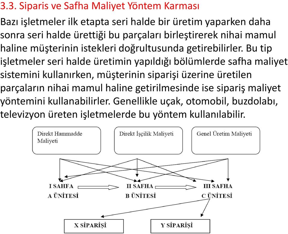 Bu tip işletmeler seri halde üretimin yapıldığı bölümlerde safha maliyet sistemini kullanırken, müşterinin siparişi üzerine üretilen