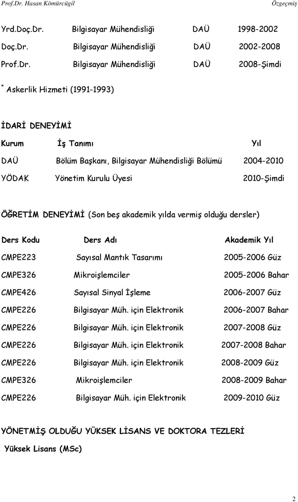 Bilgisayar Mühendisliği DAÜ 2002-2008 Prof.Dr.