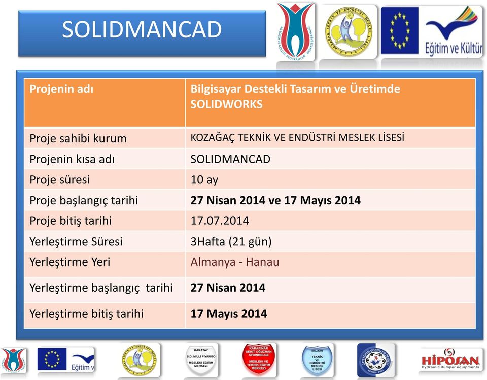 Nisan 2014 ve 17 Mayıs 2014 Proje bitiş tarihi 17.07.