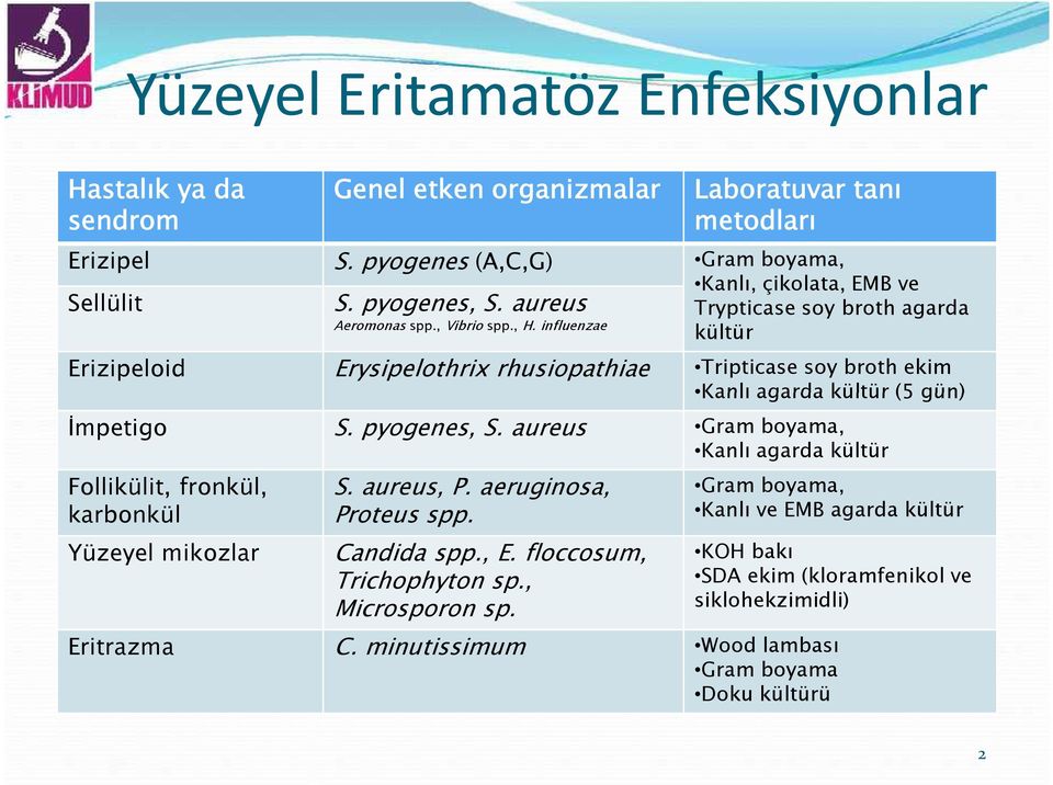 influenzae Kanlı, çikolata, EMB ve Trypticase soy broth agarda kültür Erizipeloid Erysipelothrix rhusiopathiae Tripticase soy broth ekim Kanlı agarda kültür (5 gün) İmpetigo S.