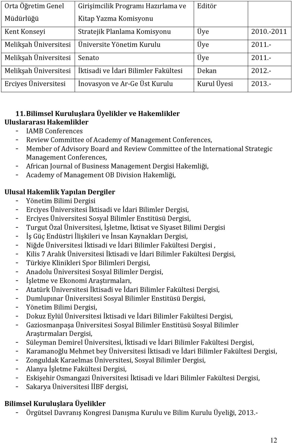 - Erciyes Üniversitesi İnovasyon ve Ar-Ge Üst Kurulu Kurul Üyesi 2013.- 11.