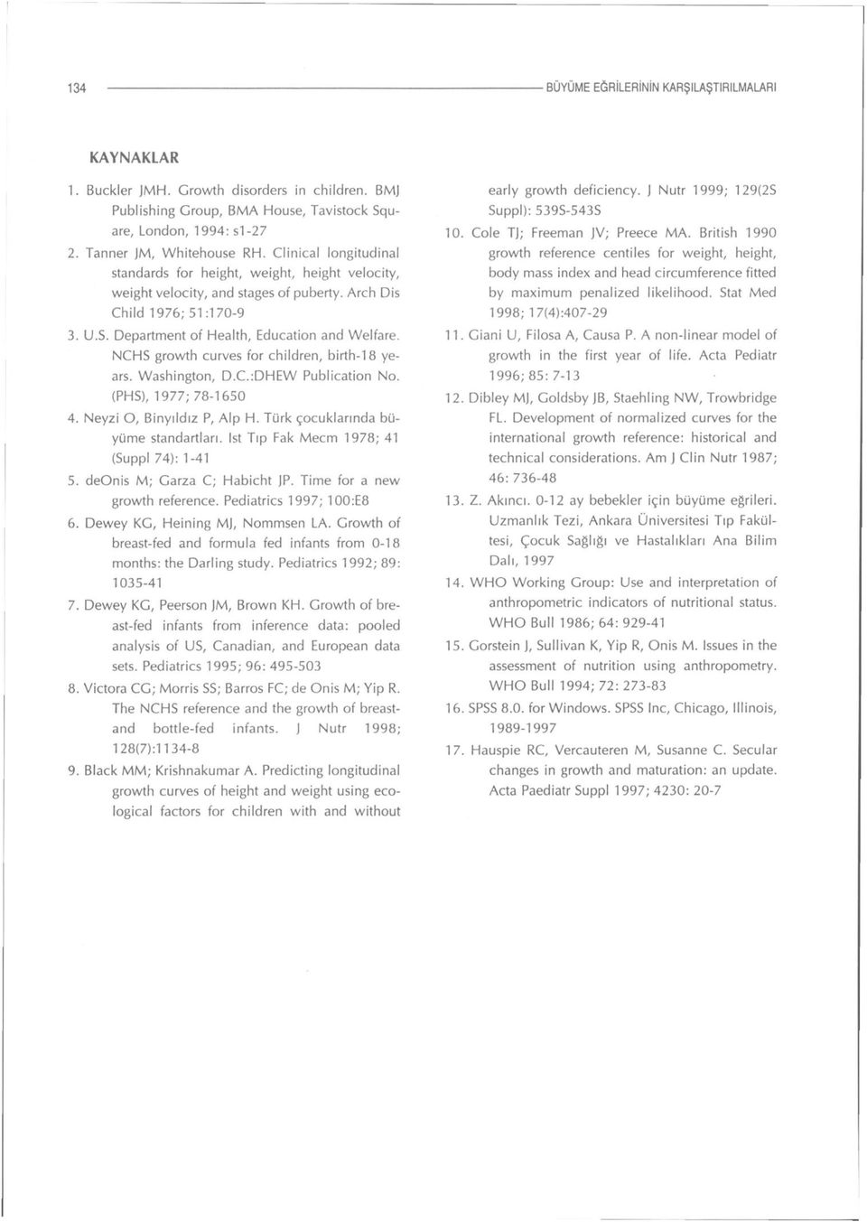 NCHS grovvth curves for children, birth-18 years. Washington, D.C.:DHEW Publication No. (PHS), 1977; 78-1650 4. Neyzi O, Binyıldız P, Alp H. Türk çocuklarında büyüme standartları.