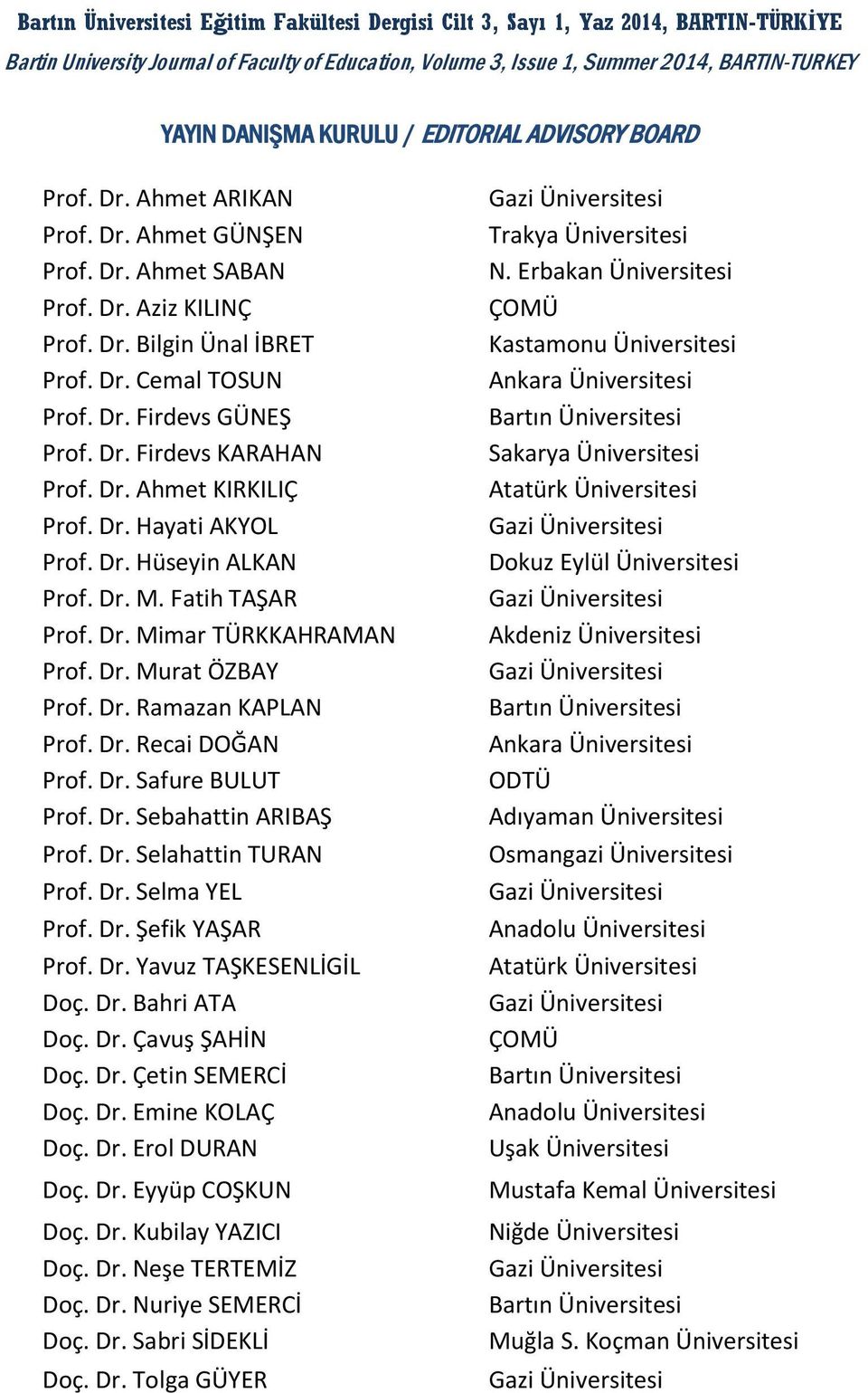 Dr. Ahmet KIRKILIÇ Prof. Dr. Hayati AKYOL Prof. Dr. Hüseyin ALKAN Prof. Dr. M. Fatih TAŞAR Prof. Dr. Mimar TÜRKKAHRAMAN Prof. Dr. Murat ÖZBAY Prof. Dr. Ramazan KAPLAN Prof. Dr. Recai DOĞAN Prof. Dr. Safure BULUT Prof.