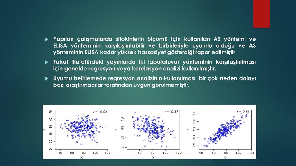 Fakat literatürdeki yayınlarda iki laboratuvar yönteminin karşılaştırılması için genelde regresyon veya korelasyon