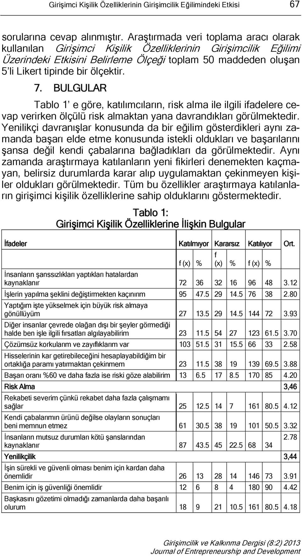 7. BULGULAR Tablo 1 e göre, katılımcıların, risk alma ile ilgili ifadelere cevap verirken ölçülü risk almaktan yana davrandıkları görülmektedir.