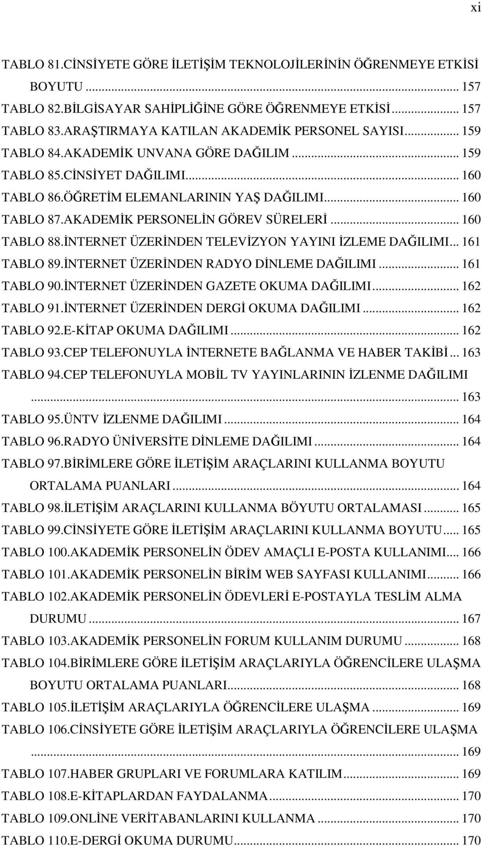 İNTERNET ÜZERİNDEN TELEVİZYON YAYINI İZLEME DAĞILIMI... 161 TABLO 89.İNTERNET ÜZERİNDEN RADYO DİNLEME DAĞILIMI... 161 TABLO 90.İNTERNET ÜZERİNDEN GAZETE OKUMA DAĞILIMI... 162 TABLO 91.