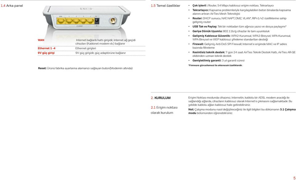 5 Temel özellikler Çok işlevli : Router, 54 Mbps kablosuz erişim noktası, Tekrarlayıcı Tekrarlayıcı: Kapsama problemleriyle karşılaşılabilen beton binalarda kapsama alanını artıran AirTies Mesh