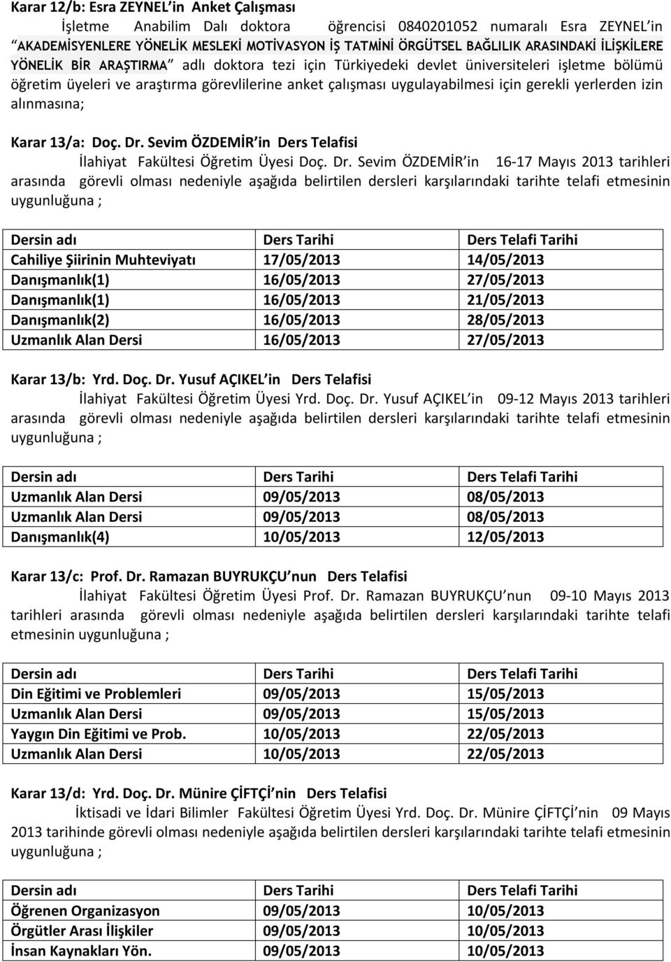 gerekli yerlerden izin alınmasına; Karar 13/a: Doç. Dr.