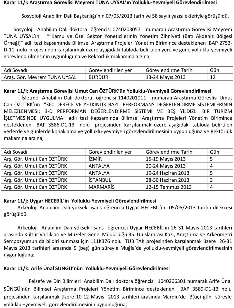 kapsamında Bilimsel Araştırma Projeleri Yönetim Birimince desteklenen BAP 2753- D-11 nolu projesinden karşılanmak üzere aşağıdaki tabloda belirtilen yere ve güne yolluklu-yevmiyeli