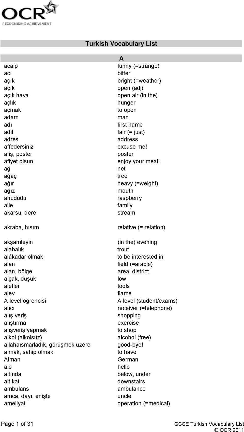 Alman alo altında alt kat ambulans amca, dayı, enişte ameliyat A funny (=strange) bitter bright (=weather) open (adj) open air (in the) hunger to open man first name fair (= just) address excuse me!