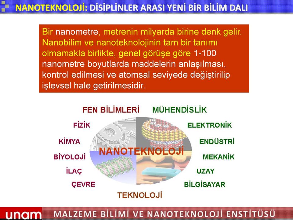 Nanobilim ve nanoteknolojinin tam bir tanımı olmamakla birlikte, genel görüşe