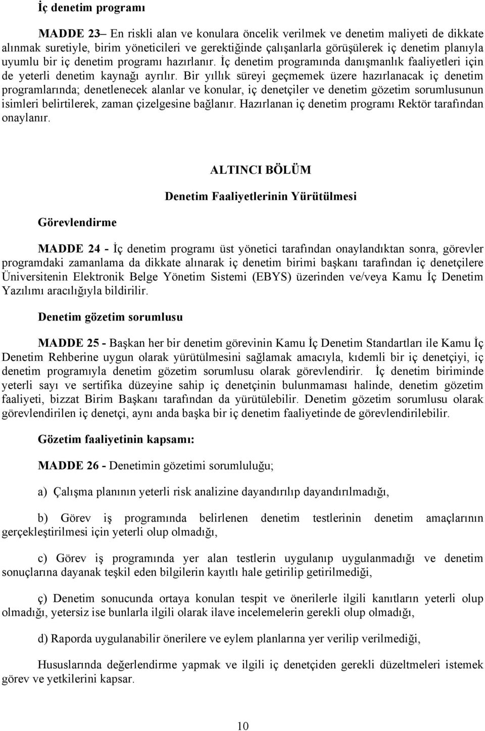 Bir yıllık süreyi geçmemek üzere hazırlanacak iç denetim programlarında; denetlenecek alanlar ve konular, iç denetçiler ve denetim gözetim sorumlusunun isimleri belirtilerek, zaman çizelgesine