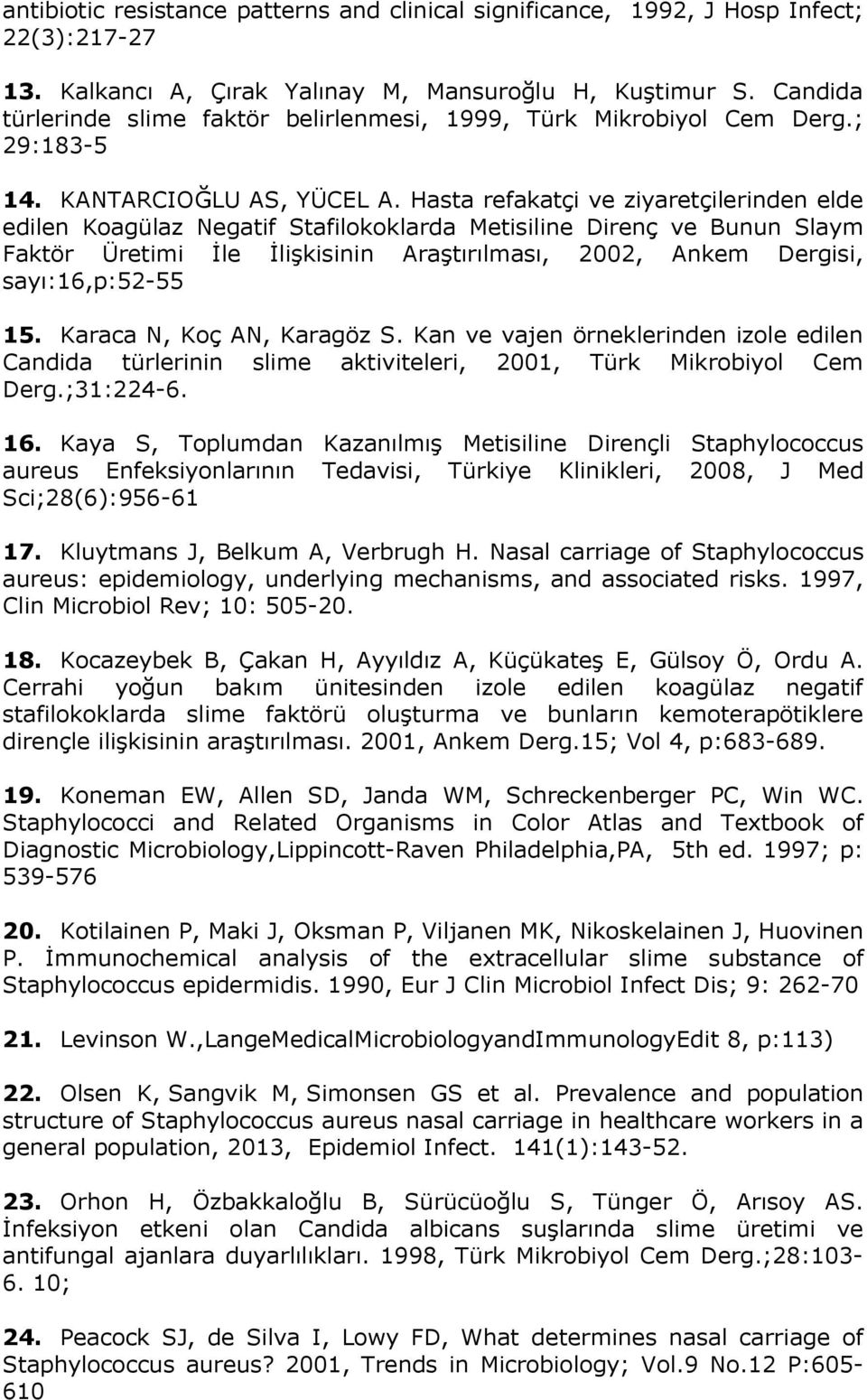 Hasta refakatçi ve ziyaretçilerinden elde edilen Koagülaz Negatif Stafilokoklarda Metisiline Direnç ve Bunun Slaym Faktör Üretimi İle İlişkisinin Araştırılması, 2002, Ankem Dergisi, sayı:16,p:52-55