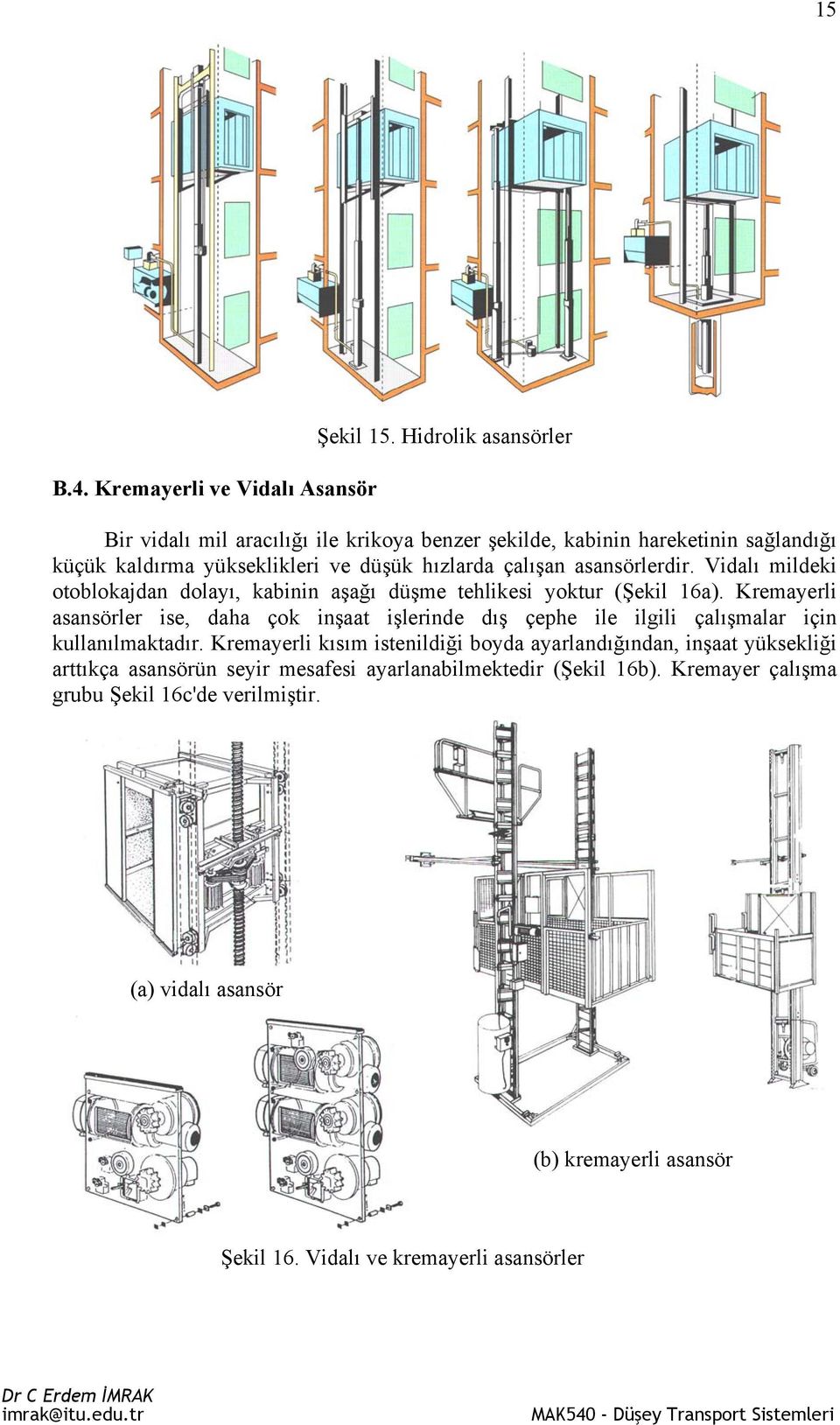 asansörlerdir. Vidalı mildeki otoblokajdan dolayı, kabinin aşağı düşme tehlikesi yoktur (Şekil 16a).