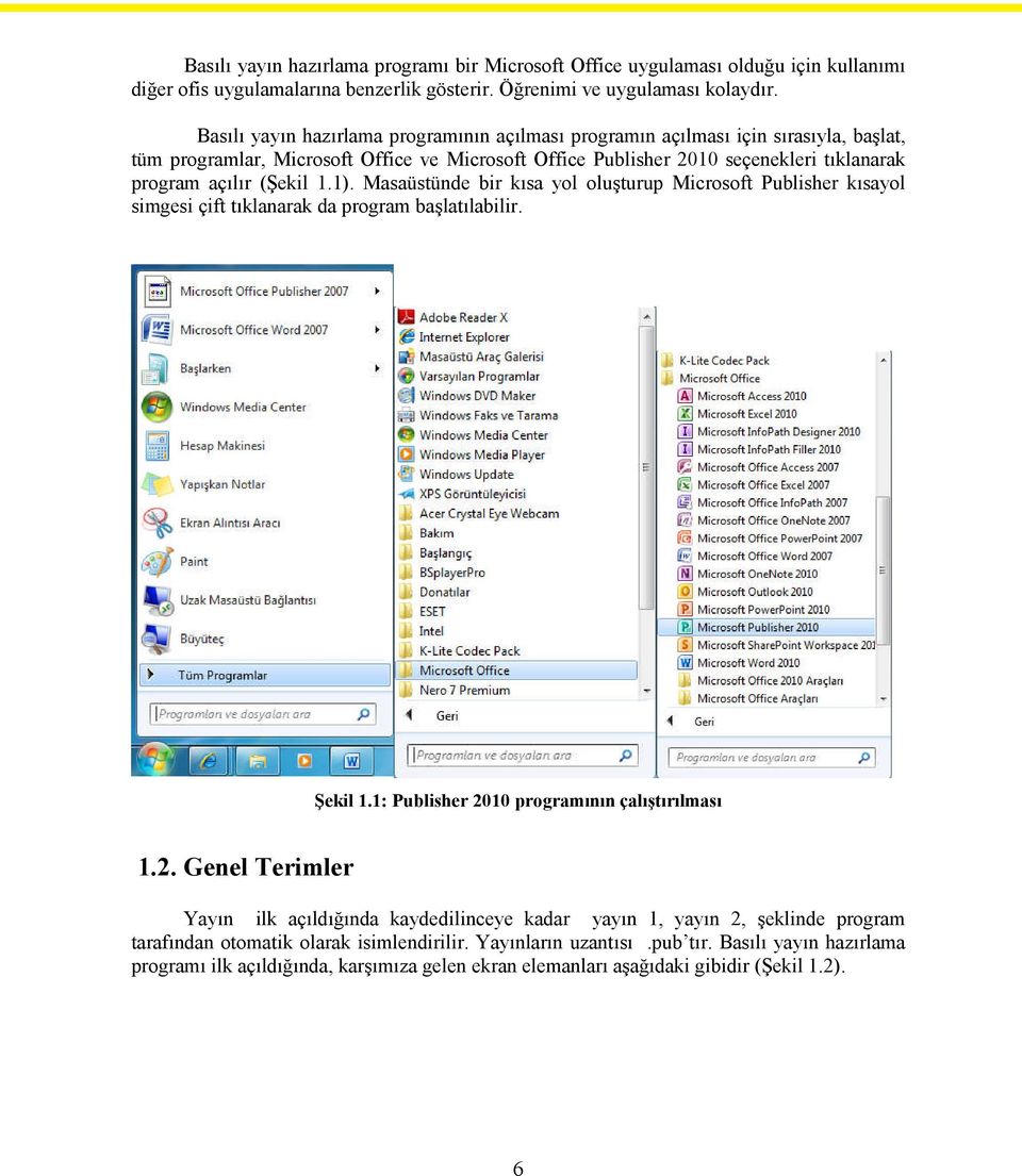 1.1). Masaüstünde bir kısa yol oluşturup Microsoft Publisher kısayol simgesi çift tıklanarak da program başlatılabilir. Şekil 1.1: Publisher 20