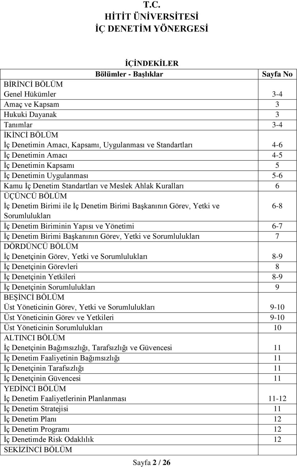 Birimi ile İç Denetim Birimi Başkanının Görev, Yetki ve 6-8 Sorumlulukları İç Denetim Biriminin Yapısı ve Yönetimi 6-7 İç Denetim Birimi Başkanının Görev, Yetki ve Sorumlulukları 7 DÖRDÜNCÜ BÖLÜM İç