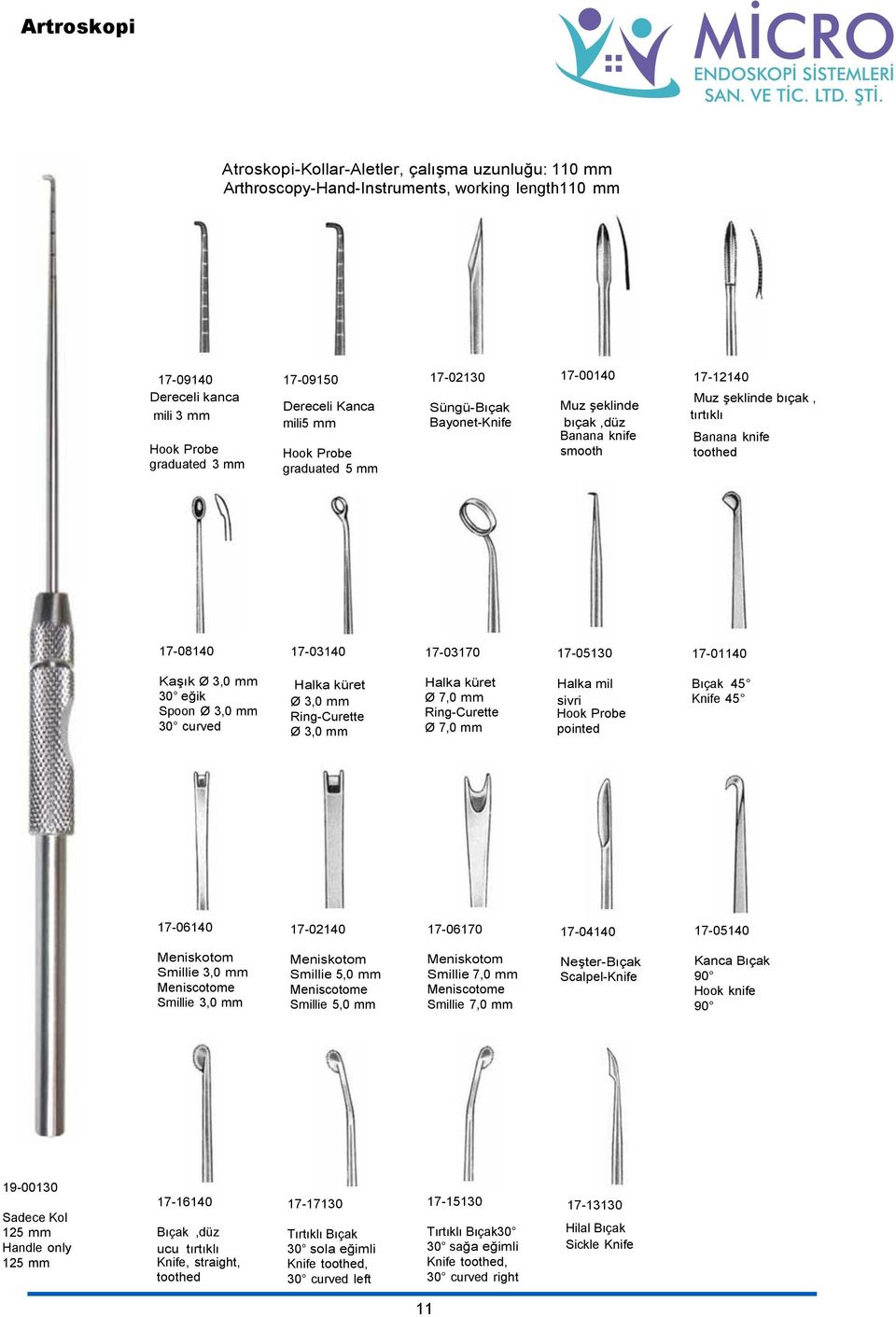 17-05130 17-01140 Kaşık Ø 3,0 mm 30 eğik Spoon Ø 3,0 mm 30 curved Halka küret Ø 3,0 mm Ring-Curette Ø 3,0 mm Halka küret Ø 7,0 mm Ring-Curette Ø 7,0 mm Halka mil sivri Hook Probe pointed Bıçak 45