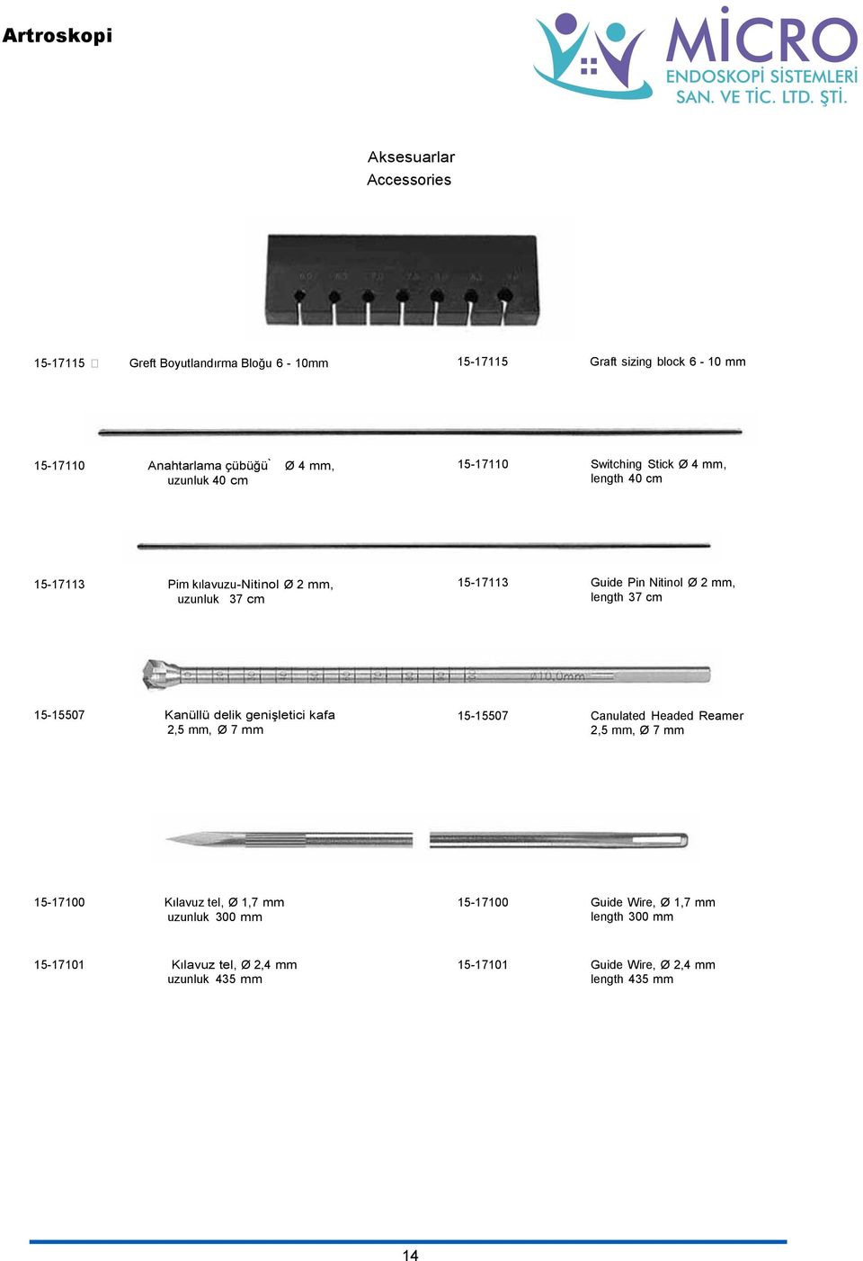 37 cm 15-15507 Kanüllü delik genişletici kafa 2,5 mm, Ø 7 mm 15-15507 Canulated Headed Reamer 2,5 mm, Ø 7 mm 15-17100 Kılavuz tel, Ø 1,7 mm