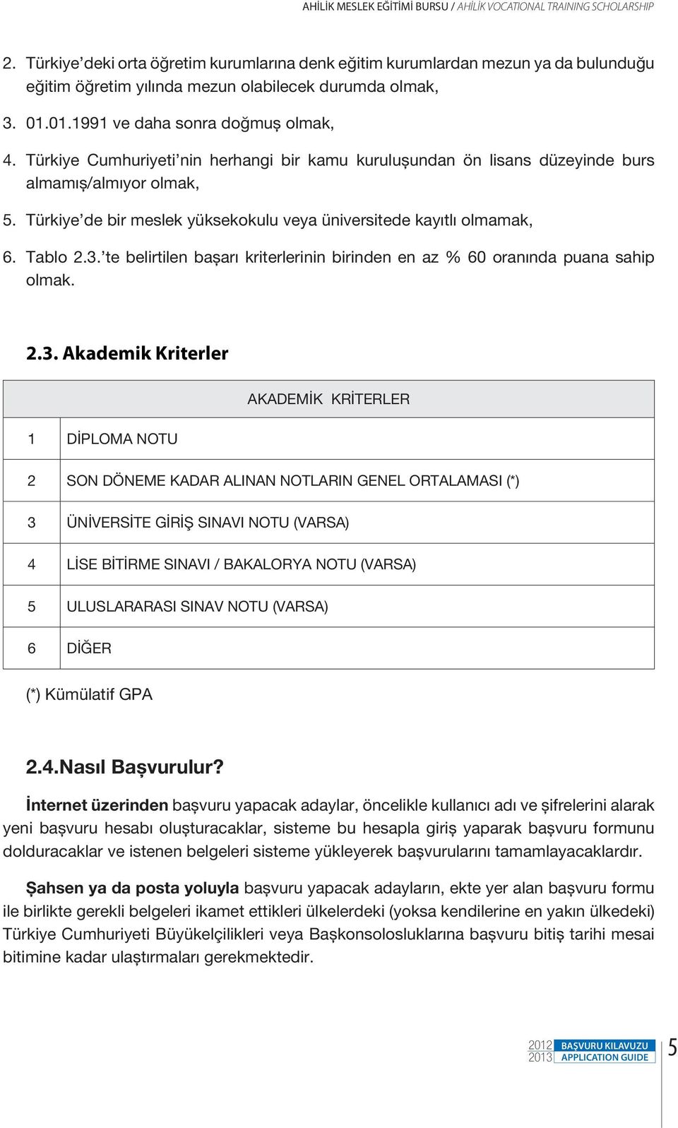 Türkiye Cumhuriyeti nin herhangi bir kamu kuruluşundan ön lisans düzeyinde burs almamış/almıyor olmak, 5. Türkiye de bir meslek yüksekokulu veya üniversitede kayıtlı olmamak, 6. Tablo 2.3.