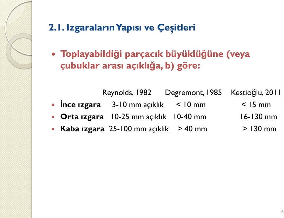 Kestioğlu, 2011 İnce ızgara 3-10 mm açıklık < 10 mm < 15 mm Orta ızgara