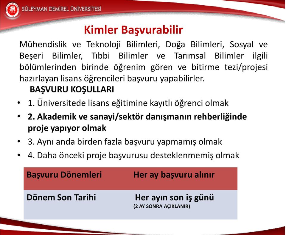 Üniversitede lisans eğitimine kayıtlı öğrenci olmak 2. Akademik ve sanayi/sektör danışmanın rehberliğinde proje yapıyor olmak 3.