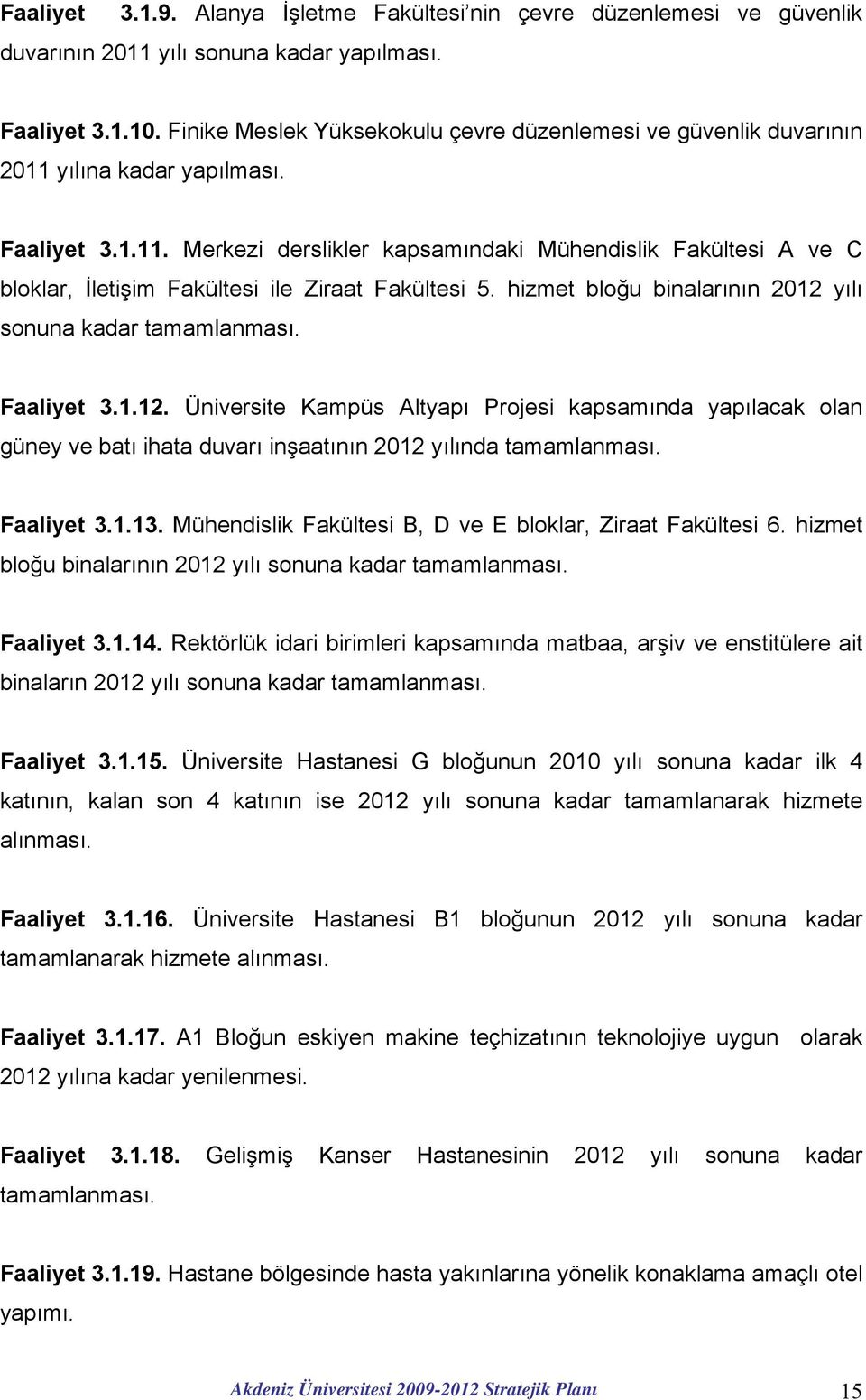 hizmet bloğu binalarının 2012 yılı sonuna kadar tamamlanması. Faaliyet 3.1.12. Üniversite Kampüs Altyapı Projesi kapsamında yapılacak olan güney ve batı ihata duvarı inşaatının 2012 yılında tamamlanması.