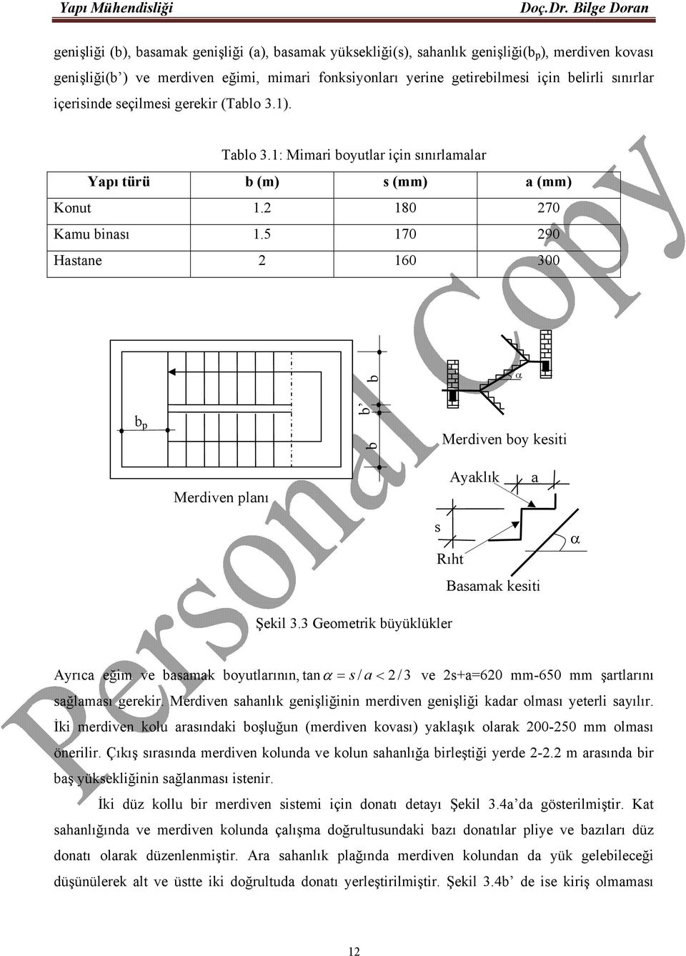 5 170 90 Hastane 160 300 b b p b b Merdiven boy kesiti Merdiven planı Ayaklık a s Rıht Basamak kesiti Şekil 3.