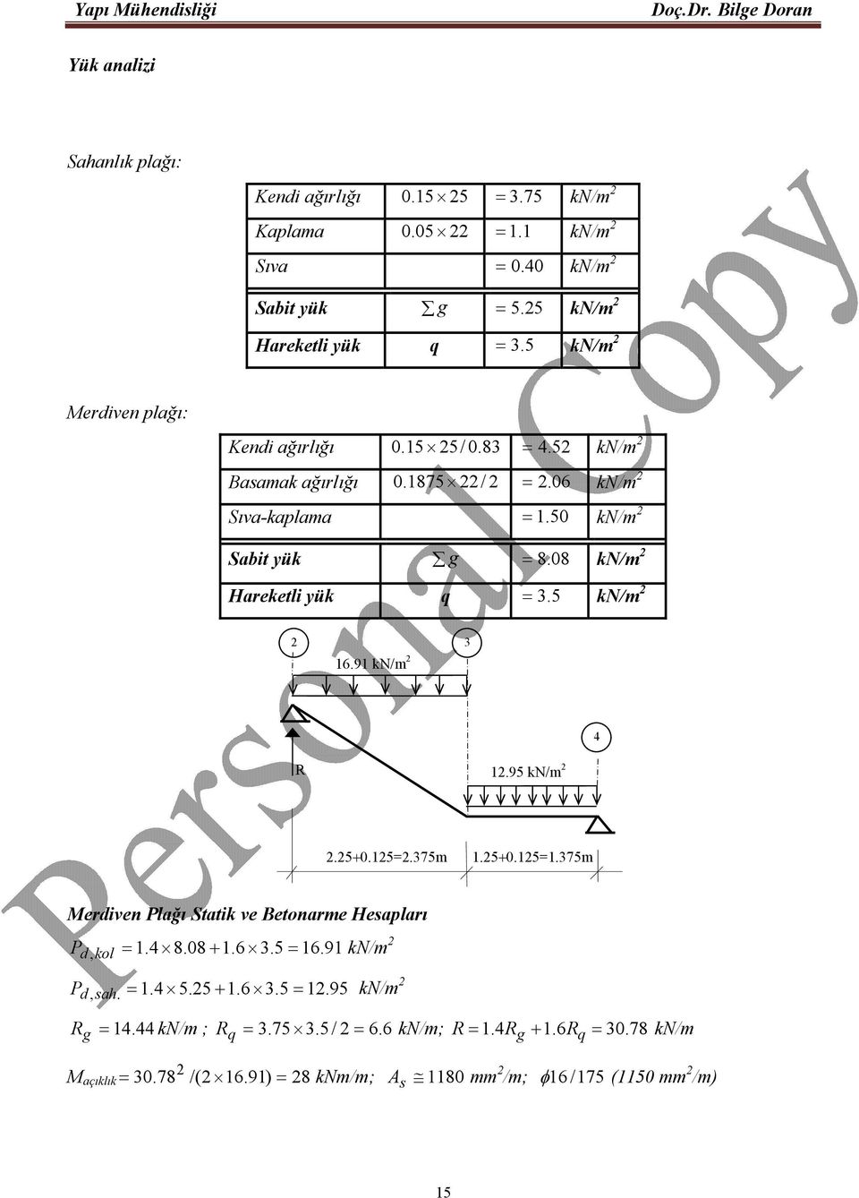 08 kn/m Hareketli yük q 3. 5 kn/m 3 16.91 kn/m 4 R 1.95 kn/m.50.15=.375m 1.50.15=1.375m Merdiven Plağı Statik ve Betonarme Hesapları P 1.4 8.08 1.6 3.5 16.