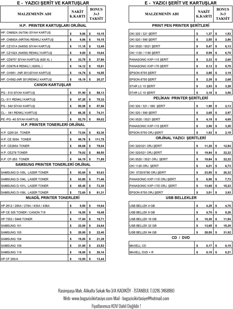 CZ101A (Nr650) SİYAH KARTUŞ $ 11,15 $ 12,49 OKI 5520 / 5521 ŞERİT $ 5,47 $ 6,13 HP. CZ102A (Nr650) RENKLİ KARTUŞ $ 9,50 $ 10,64 OKI 1120 / 1190 ŞERİT $ 5,99 $ 6,70 HP.