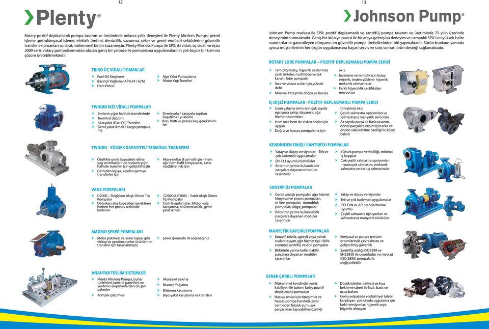 Plenty Mirrless Pumps ile SPX; iki vidalı, üç vidalı ve eşsiz 2009 serisi rotary pompalarımızdan oluşan geniş bir yelpaze ile pompalama uygulamalarının çok büyük bir kısmına çözüm üretebilmektedir.