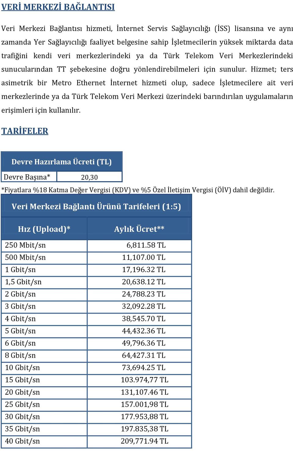 Hizmet; ters asimetrik bir Metro Ethernet İnternet hizmeti olup, sadece İşletmecilere ait veri merkezlerinde ya da Türk Telekom Veri Merkezi üzerindeki barındırılan uygulamaların erişimleri için