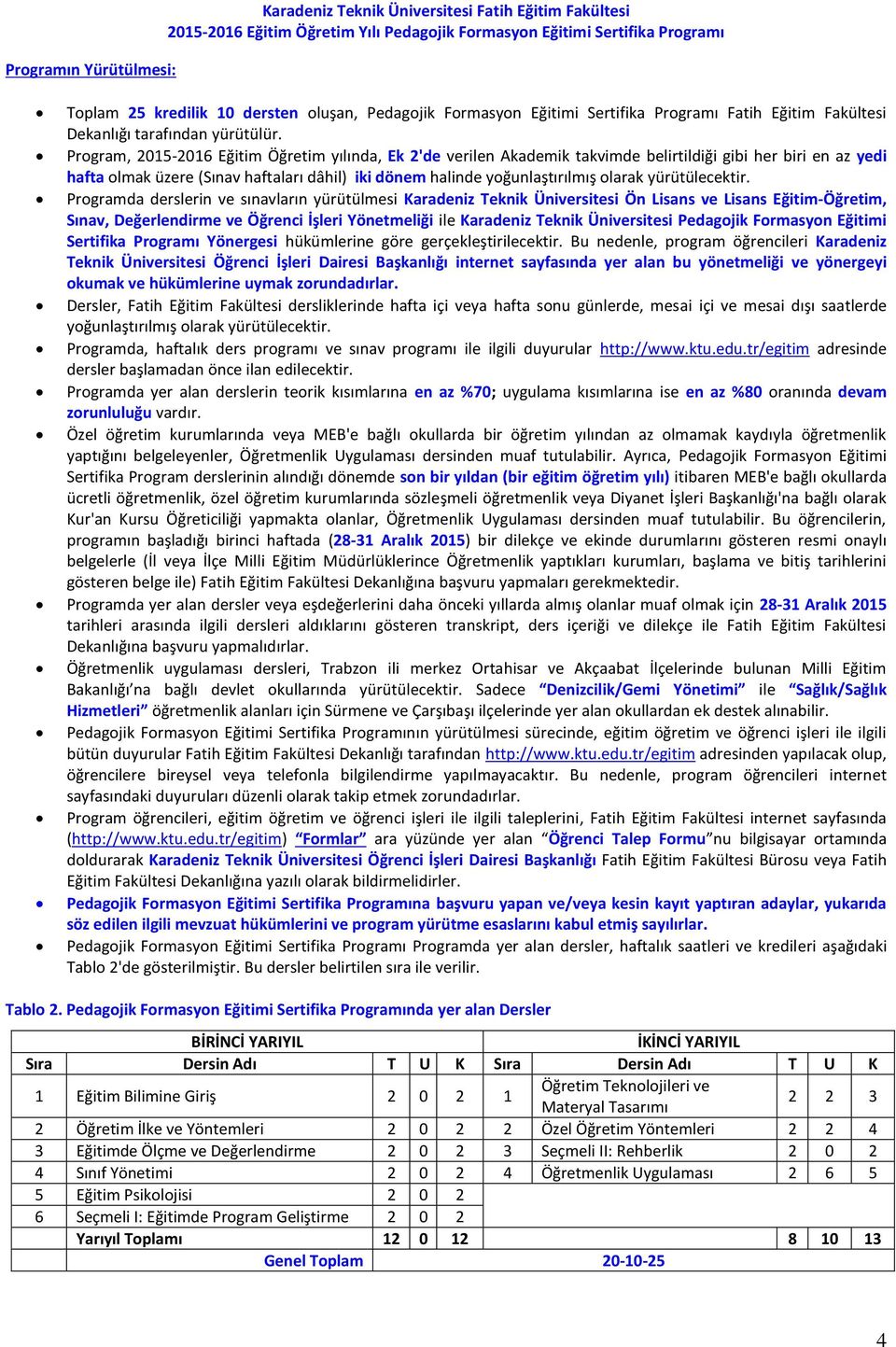 Program, 2015-2016 Eğitim Öğretim yılında, Ek 2'de verilen Akademik takvimde belirtildiği gibi her biri en az yedi hafta olmak üzere (Sınav haftaları dâhil) iki dönem halinde yoğunlaştırılmış olarak