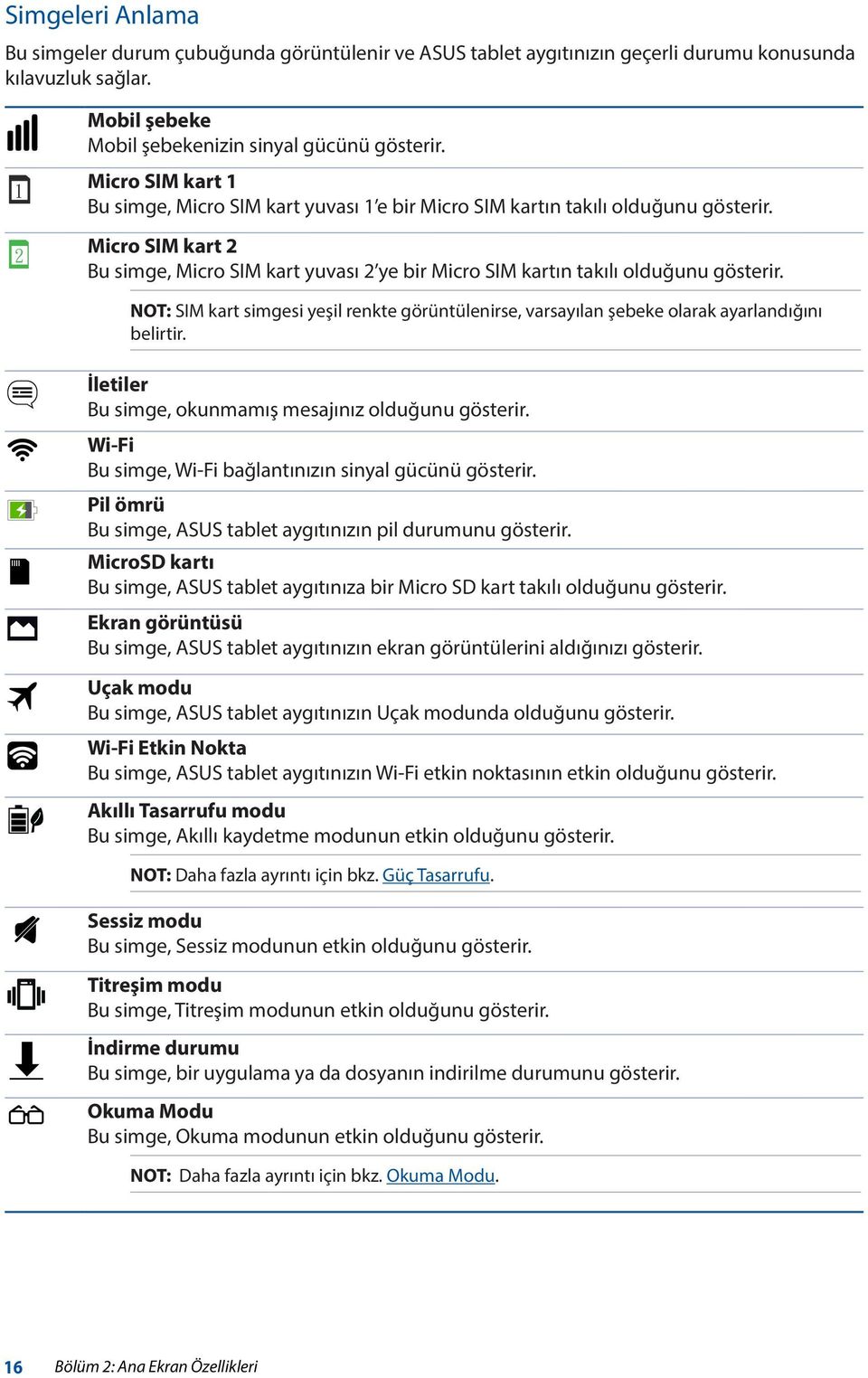 NOT: SIM kart simgesi yeşil renkte görüntülenirse, varsayılan şebeke olarak ayarlandığını belirtir. İletiler Bu simge, okunmamış mesajınız olduğunu gösterir.