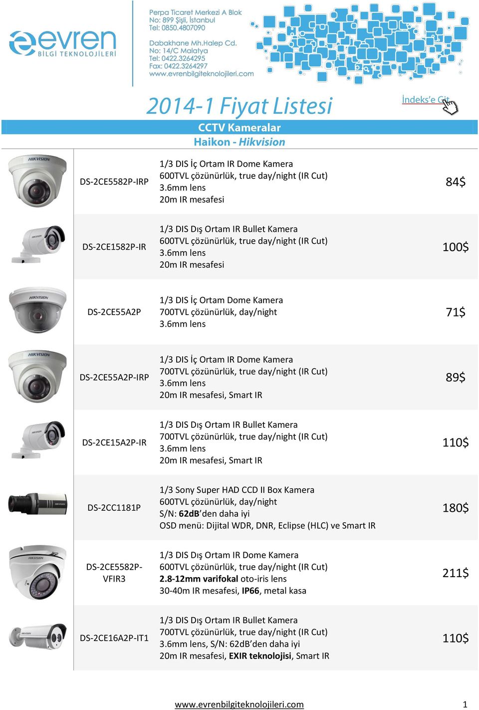 mesafesi, Smart IR 89$ DS-2CE15A2P-IR 1/3 DIS Dış Ortam IR Bullet Kamera 700TVL çözünürlük, true day/night (IR Cut) 20m IR mesafesi, Smart IR 110$ DS-2CC1181P 1/3 Sony Super HAD CCD II Box Kamera