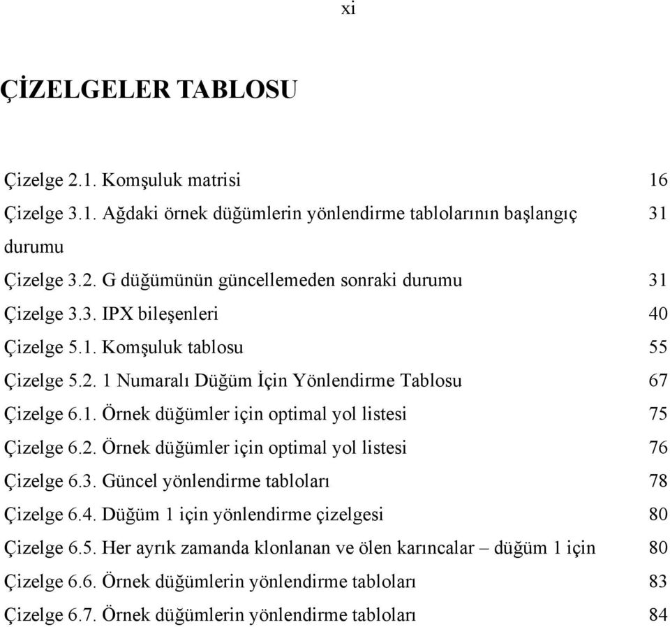 2. Örnek düğümler için optimal yol listesi 76 Çizelge 6.3. Güncel yönlendirme tabloları 78 Çizelge 6.4. Düğüm 1 için yönlendirme çizelgesi 80 Çizelge 6.5.