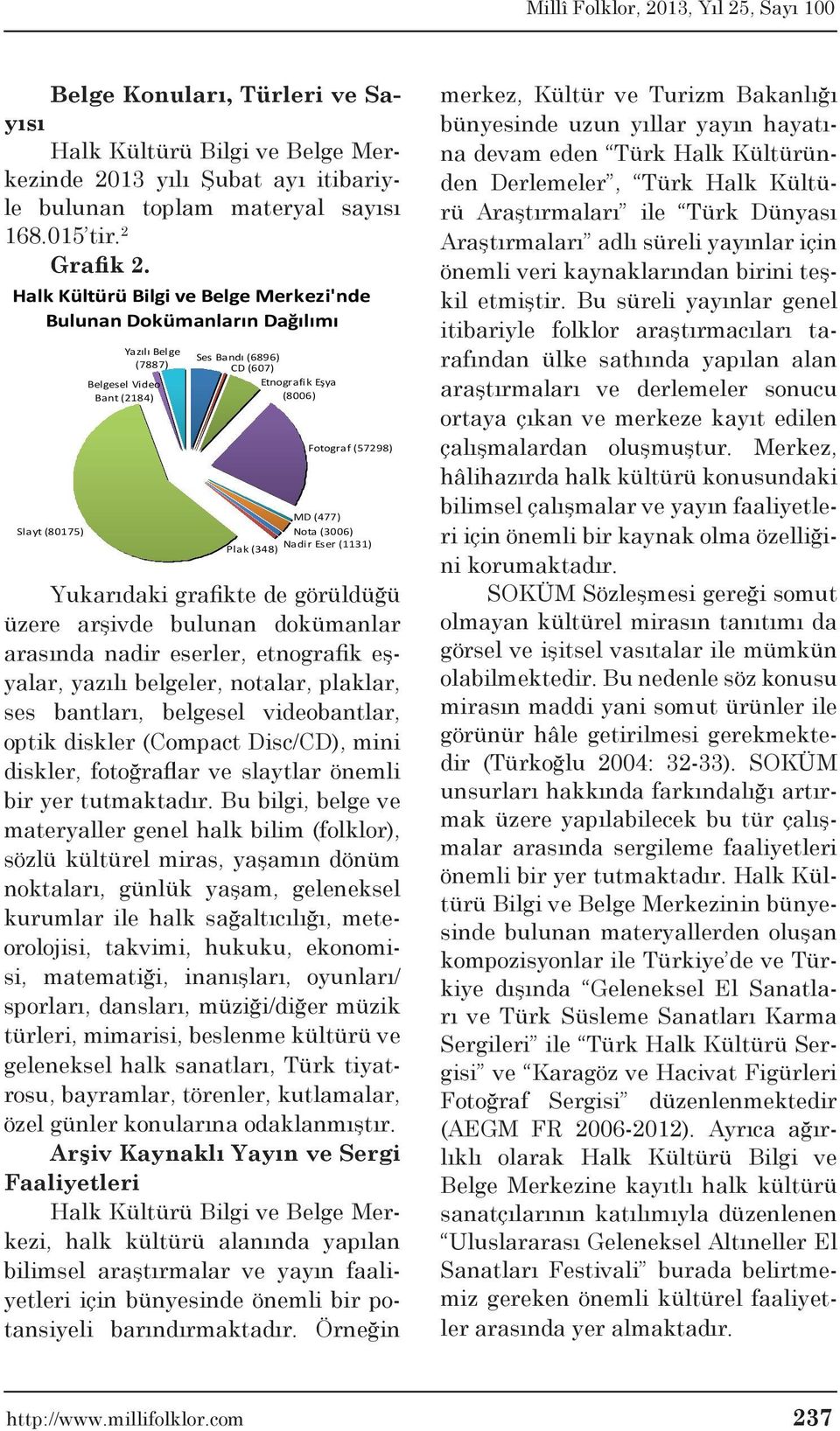 (477) Nota (3006) Nadir Eser (1131) Plak (348) Yukarıdaki grafikte de görüldüğü üzere arşivde bulunan dokümanlar arasında nadir eserler, etnografik eşyalar, yazılı belgeler, notalar, plaklar, ses