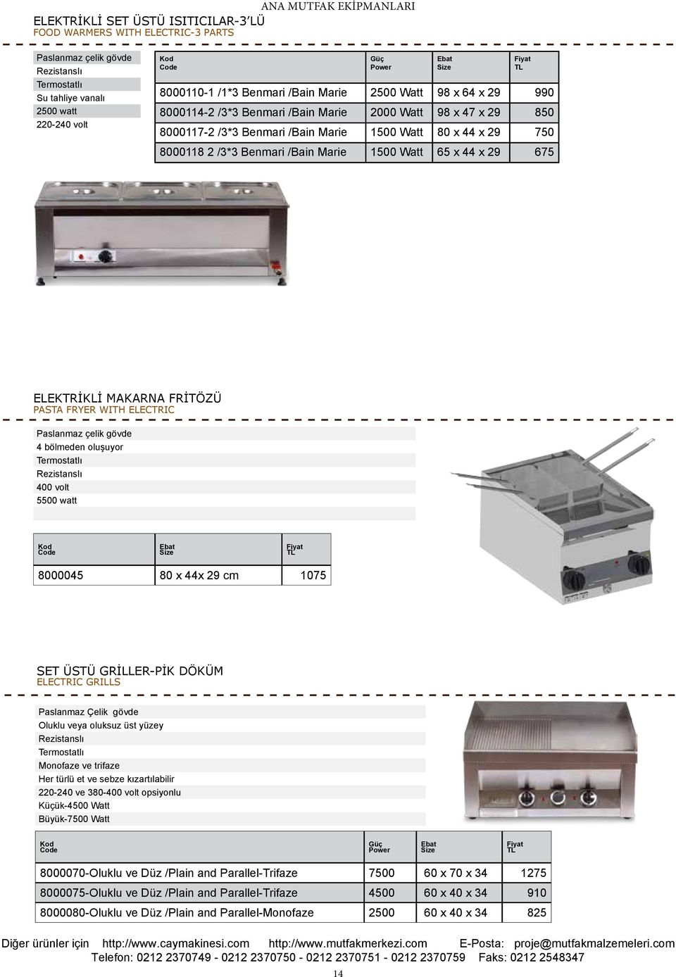 1500 Watt 65 x 44 x 29 675 ELEKTRİKLİ MAKARNA FRİTÖZÜ PASTA FRYER WITH ELECTRIC gövde 4 bölmeden oluşuyor Termostatlı Rezistanslı 400 volt 5500 watt 8000045 80 x 44x 29 cm 1075 SET ÜSTÜ GRİLLER-PİK