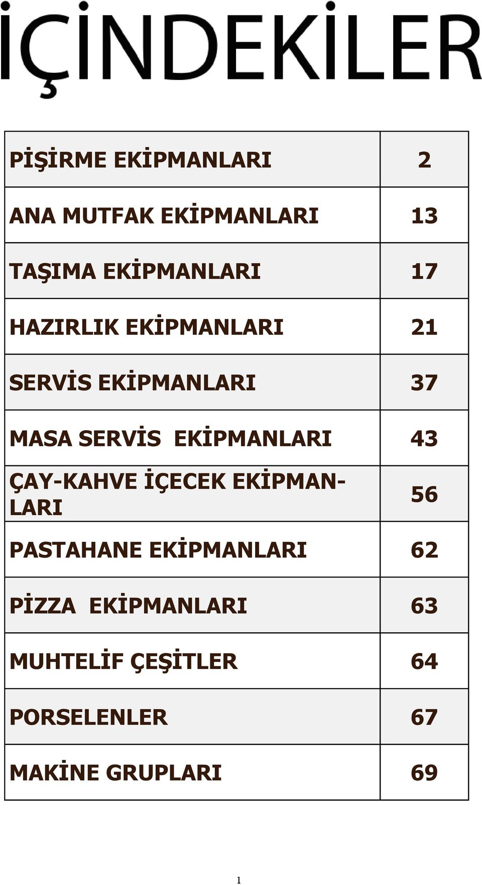 EKİPMANLARI 43 ÇAY-KAHVE İÇECEK EKİPMAN- LARI 56 PASTAHANE